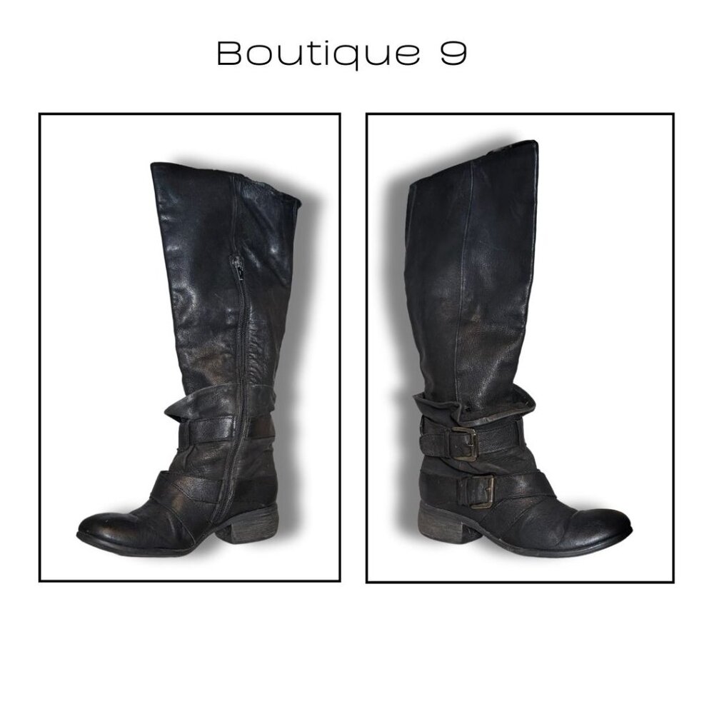 Stunning Leather Moto Boots with Buckles – Black – Mid-Calf sz 5